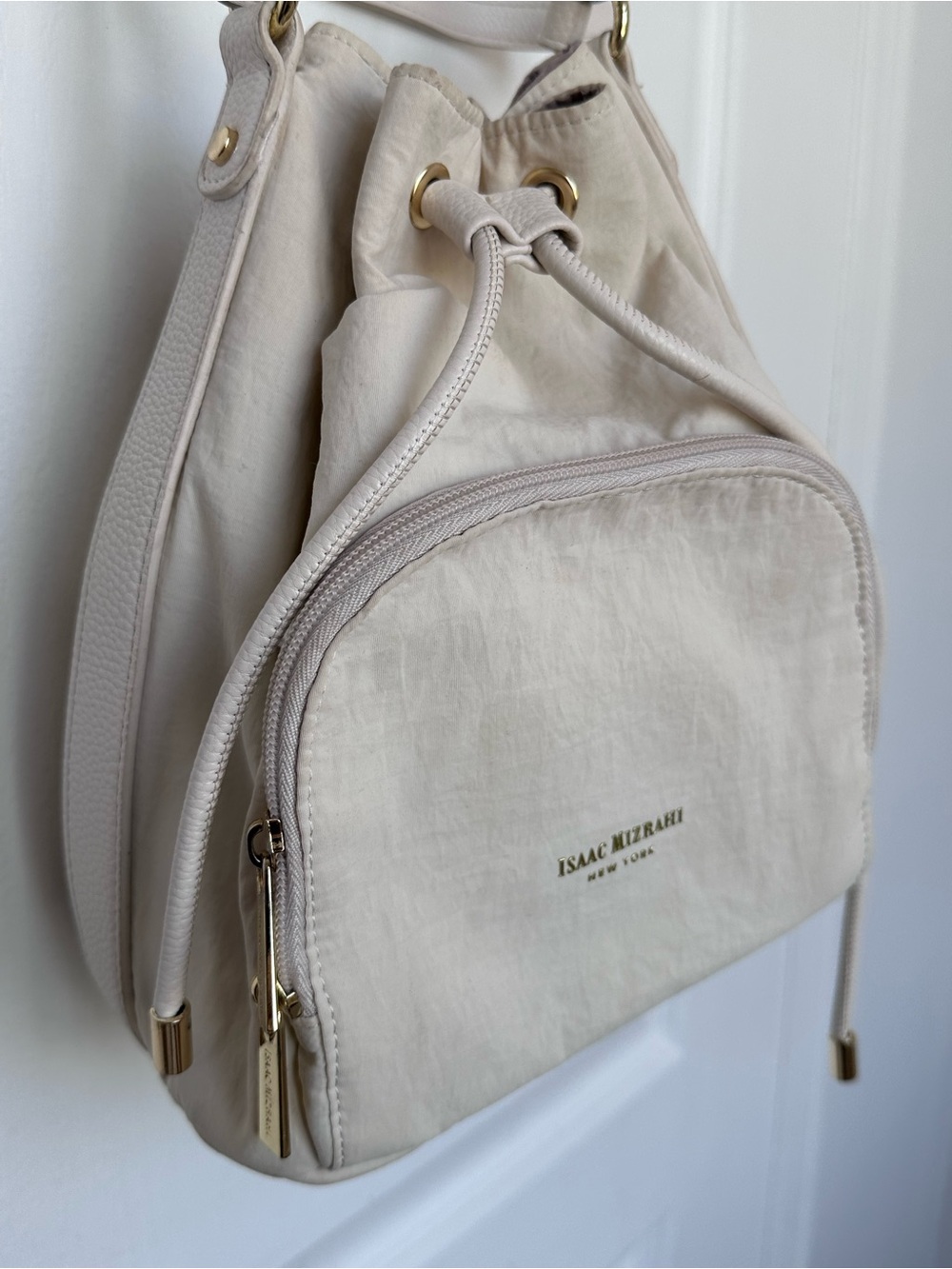 Isaac Mizrahi Cream Drawstring Shoulder Bucket Bag with Front Zip